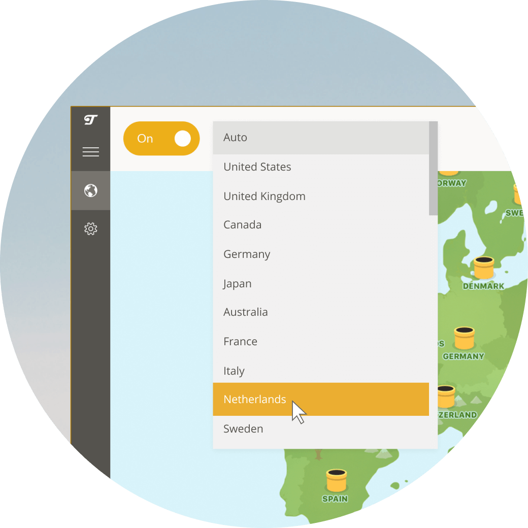 Choosing a country in the TunnelBear app
